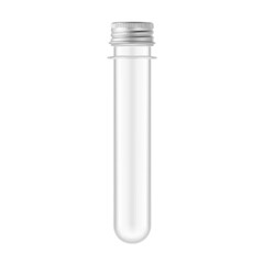 PET clear preform tube with metal screw cap mockup. Vector illustration isolated on white background. Can be use for template your design, presentation, promo, ad. EPS10.
