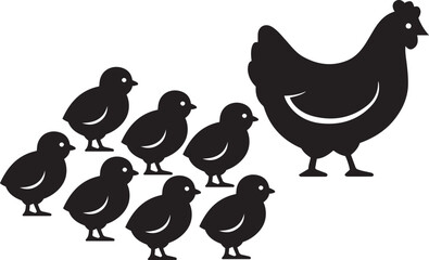 Black silhouette of a hen with chicks on a white background chicken baby chicken