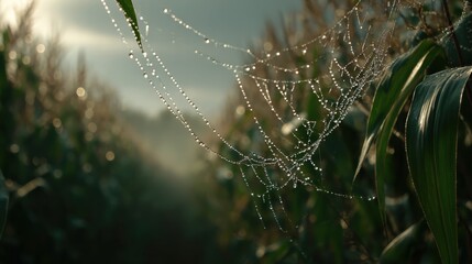 Close up of a dew covered spider web in a cornfield under soft morning light