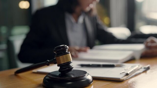 Close-up of gavel and legal document on office desk with lawyer reading in background. Concept of law and justice.