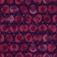 Artistic seamless pattern with red card suits (hearts, spades, clubs, diamonds) on a dark background. Perfect for unique fabrics, wallpapers, or game-themed designs