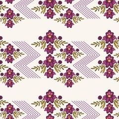 Elegant seamless border pattern with purple flowers, glossy berries, green leaves, and geometric lines on a cream background. Perfect for textiles or decor.