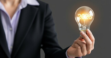 2026 new year  ideas, innovations, resolutions in business – female hand holding a glowing bulb with the number 2026 inside, against an elegant gray background