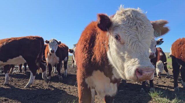 Group of brown and white Argentinian Polled Hereford cows in a field looking at the camera. 4K