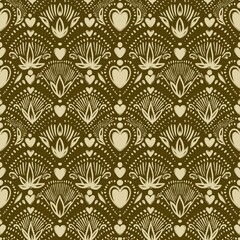 Classic art deco seamless pattern showcasing floral elements, hearts, waves, and dotted details in warm brown tones, perfect for retro, earthy, or neutral-toned design and decor uses.