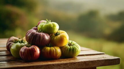 Vibrant assortment of heirloom tomatoes on wooden table in natural setting