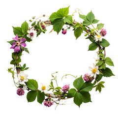 Floral wreath with blooming flowers and green leaves on black background.
