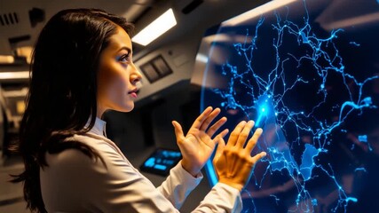 Female astronaut smiling while drawing route on futuristic holographic star map, Perfect sci-fi cinematic clip for technology, space exploration, and storytelling.
 - Powered by Adobe