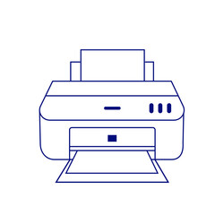 Minimalistic line art icon of a modern printer with a paper tray and sheet, rendered in deep blue on a transparent background, conveying technical precision and office productivity