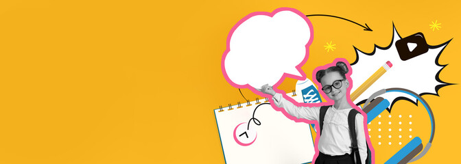 A lively collage features a young student in glasses actively presenting ideas against a bright yellow backdrop. Various design elements enhance the energetic mood of the scene.