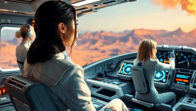 Astronaut in spaceship cockpit looking at alien planet landscape, Spaceship cockpit interior with two female astronauts piloting while flying over an alien desert planet. 