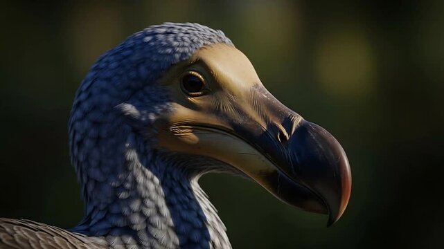 Closeup portrait of a dodo bird head in daylight.
