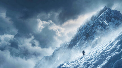 A mountain climber in thick snow and mist climbing up the side of an icy, snowy cliff.