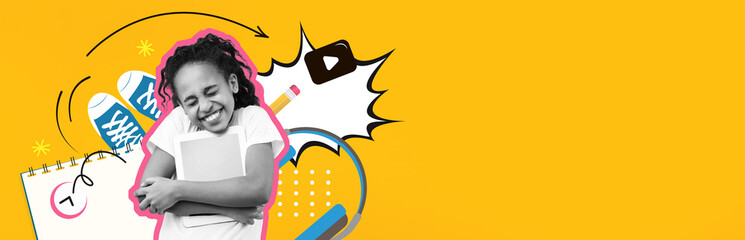 A happy girl smiles while holding her books close. Colorful school supplies and graphics fill the background, creating a cheerful mood. This scene captures the excitement of learning.