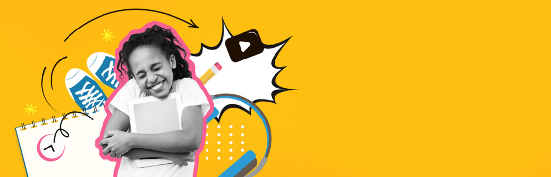 A happy girl smiles while holding her books close. Colorful school supplies and graphics fill the background, creating a cheerful mood. This scene captures the excitement of learning.