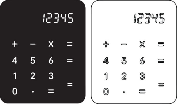 Black and white calculator illustration showing numbers and math symbols for financial calculations and accounting tasks in business and education