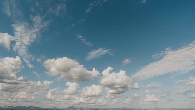 A bright blue sky with scattered puffy white clouds and whispy formations, rolling hills at base