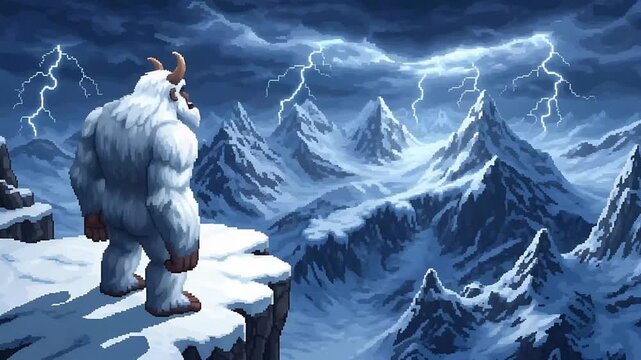 Yeti on Snowy Cliff Overlooking Stormy Peaks.