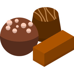 Assortment of Three Chocolate Candies In Various Shapes And Textures Isolated On White Background With A Transparent Background and Isometric View