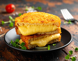 Golden Grilled Cheese Sandwich with Gooey Melted Cheese, Stacked High on Rustic Plate.
