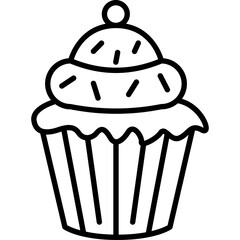 Black and white outline icon of a cupcake with sprinkles on a transparent background representing a simple dessert illustration