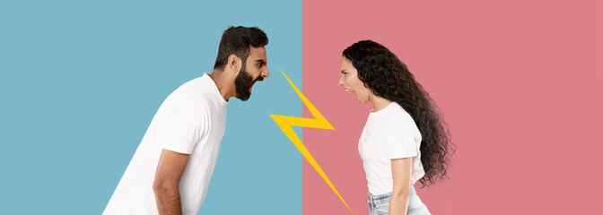 A collection of images displays a man and a woman engaged in a heated argument. Bright blue and pink backgrounds highlight their expressions and the intensity of the conversation.