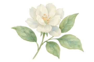Fototapeta premium White flower watercolor painting on stem with green leaves, symbolizing purity, growth, and nature