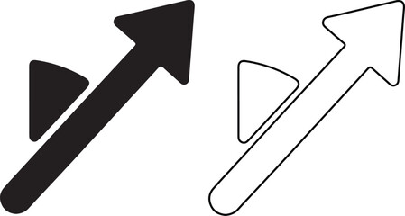 Upward trending arrow with play button presented in both solid black and outline symbolizing growth and forward movement in business