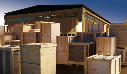 Logistics, Delivery, Warehouse. Wooden shipping crates and storage boxes stacked near industrial warehouse building at sunset.