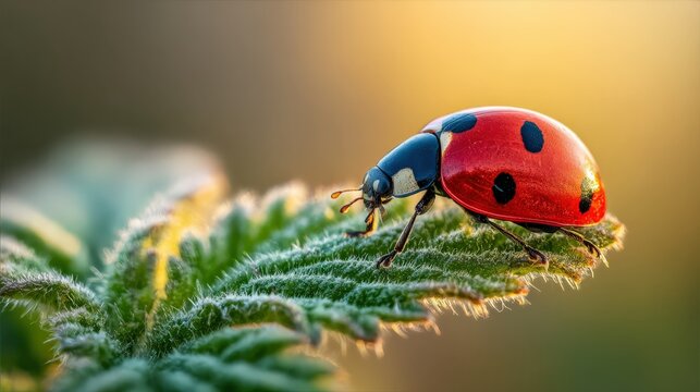 Close up of a vibrant ladybug on green leaf against soft background - Powered by Adobe