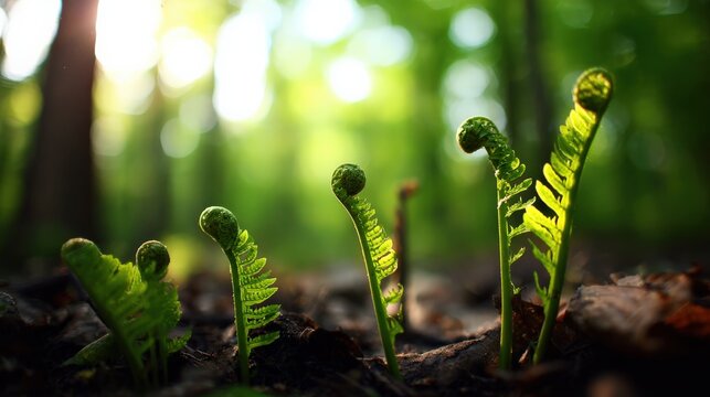 Emerging fern shoots in lush forest environment with natural sunlight