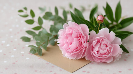 Fototapeta premium Two Blooming Pink Peonies with Bud and Eucalyptus on Kraft Envelope