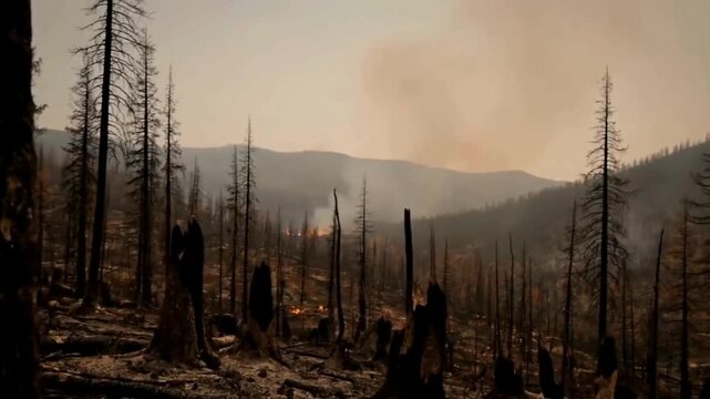 blazing forest fire consuming dense woodland at night, glowing orange flames and rising smoke creating dramatic atmosphere, environmental destruction, and climate crisis imagery.