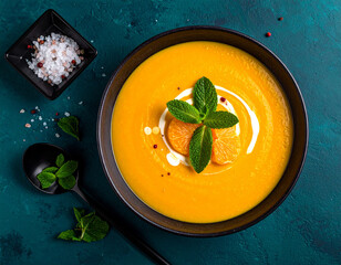 Creamy Orange Pumpkin Soup with Mint Garnish on Dark Teal, Top-Down View.