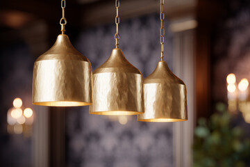 Obraz premium Three Gold Art Deco Pendant Lamps with Warm Glow in Elegant Interior