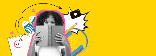 A student holds a book in front of their face while surrounded by vibrant study materials and symbols. The bright yellow background adds energy to the scene, reflecting a fun learning atmosphere.