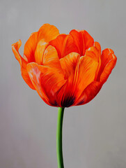 A large, stylized orange flower with finely detailed, linear-textured petals and a green stem against a grey background