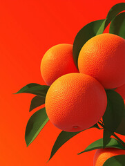 A close-up of three ripe oranges on a branch with green leaves against a vibrant reddish-orange background