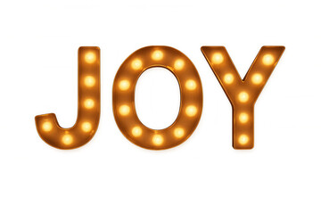 Marquee light bulb sign spelling word joy, creating a festive illuminated retro cinematic style display