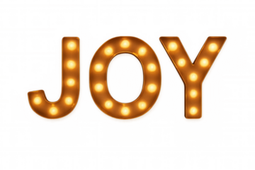 Marquee light bulb sign spelling word joy, creating a festive illuminated retro cinematic style display