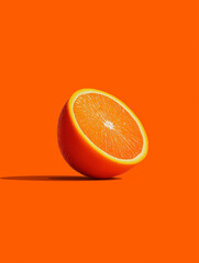 A single half of an orange on a solid vibrant orange background with a sharp, distinct shadow