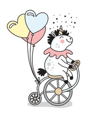 Cute unicorn on a bike a star balloons vector doodle illustration