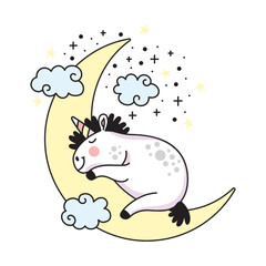 Cute unicorn dreaming on a moon vector doodle illustration
