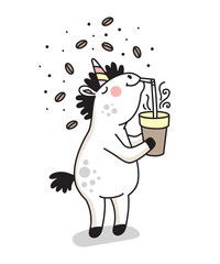 Cute cartoon unicorn drinking cup of coffee vector doodle illustration