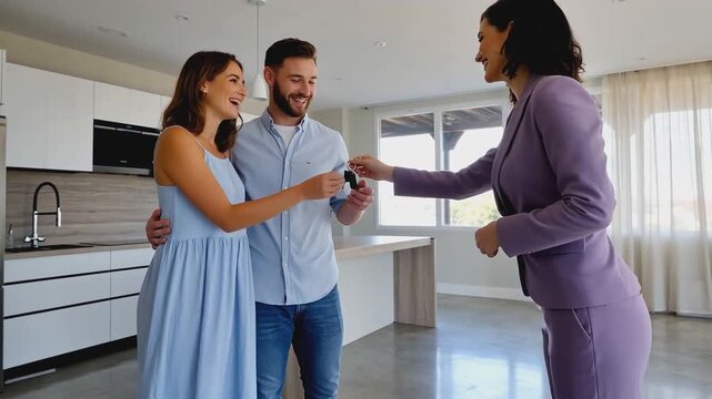 Thrilled young couple embracing in their new empty apartment kitchen, celebrating their home purchase as the real estate agent hands them the keys. - Powered by Adobe