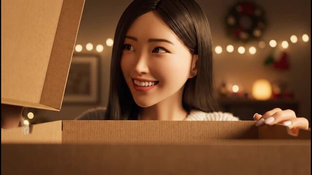 A young Asian woman with a joyful expression opens a cardboard box, with festive string lights and a wreath in the background.