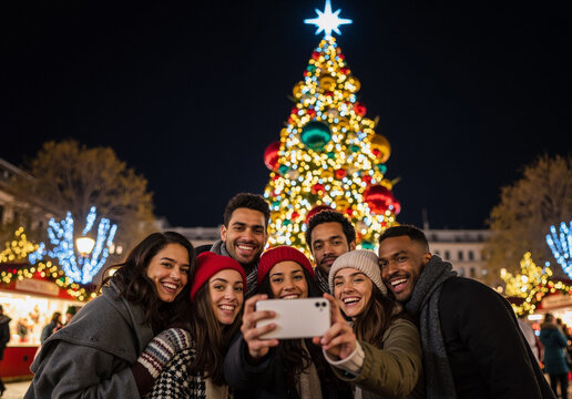 friends taking selfie at festive christmas market with illuminated tree at night - Powered by Adobe