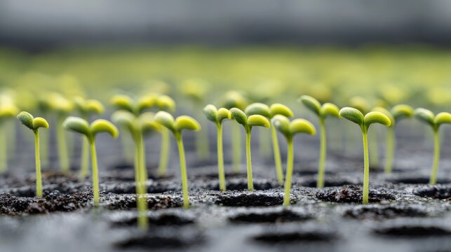 Close up of young seedlings growing in soil with soft natural light