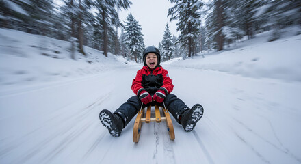 excited child sledding down snowy hill in winter forest wearing red jacket and black helmet