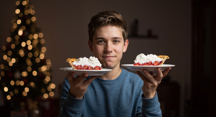 young person holding two plates of strawberry pie with cream near christmas tree indoors
